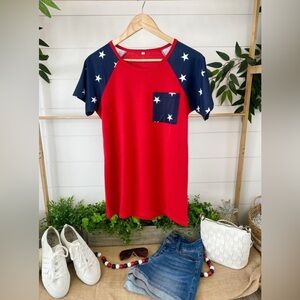 Michelle Mae Raglan Pocket Tee - Navy Stars and Red